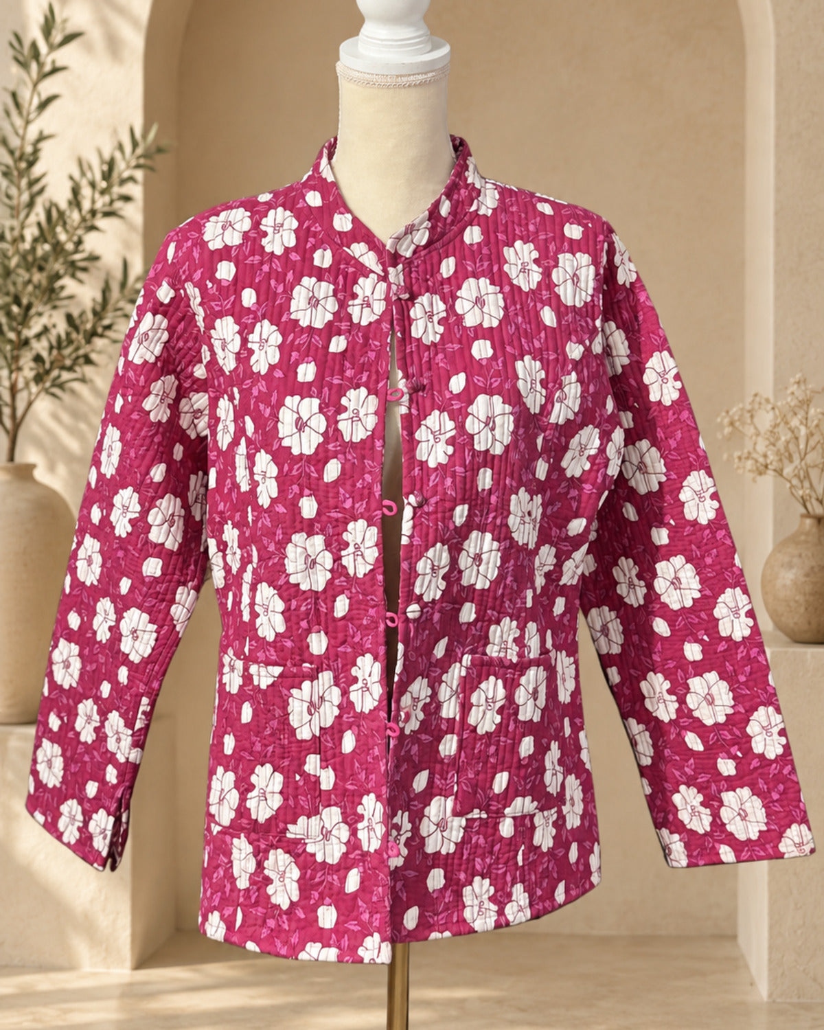 Chamarra reversible de algodón con estampado floral fucsia – Sundarata