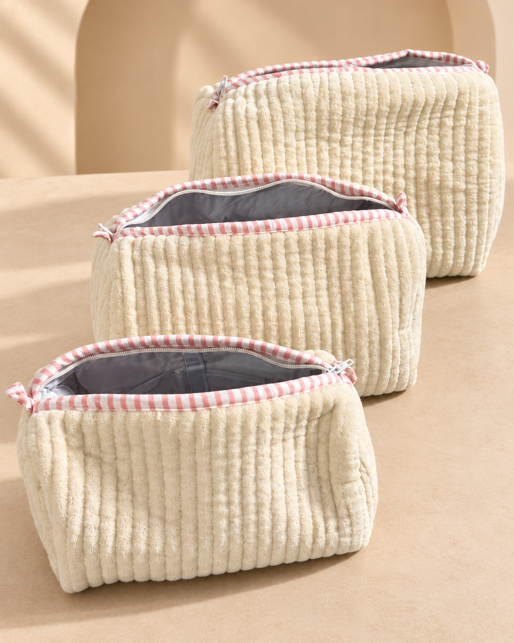 Juego de 3 Cosmetiqueras de Velvet · Marfil con Ribete Rosa
