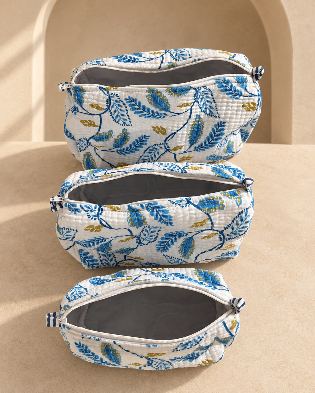 Juego de 3 Cosmetiqueras de Algodón · Azul Botánico