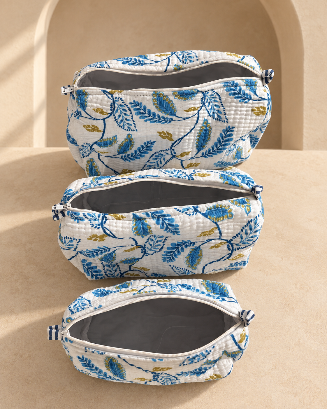 Juego de 3 Cosmetiqueras de Algodón · Azul Botánico
