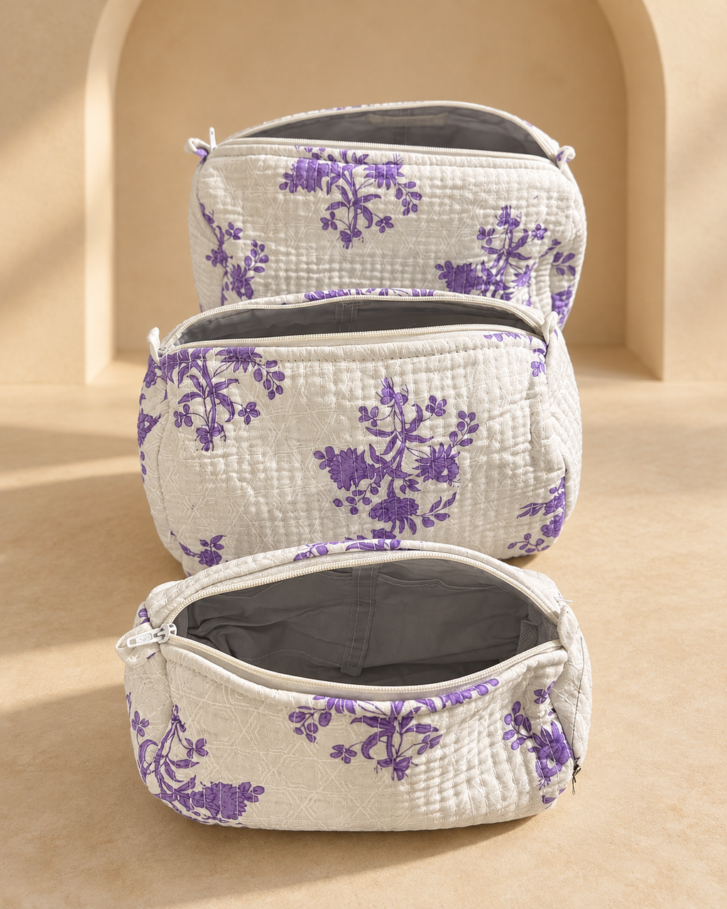 Juego de 3 Cosmetiqueras de Algodón · Blanco Lila Floral