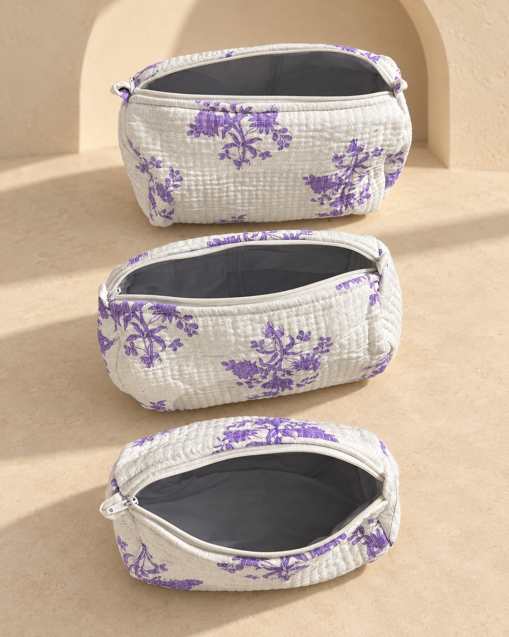 Juego de 3 Cosmetiqueras de Algodón · Blanco Lila Floral