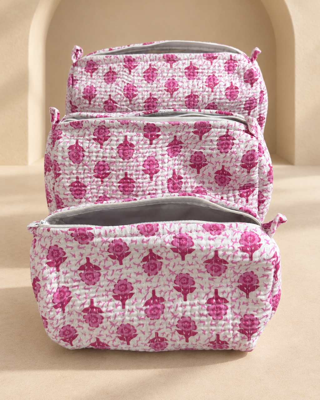 Juego de 3 Cosmetiqueras de Algodón · Rosa Floral