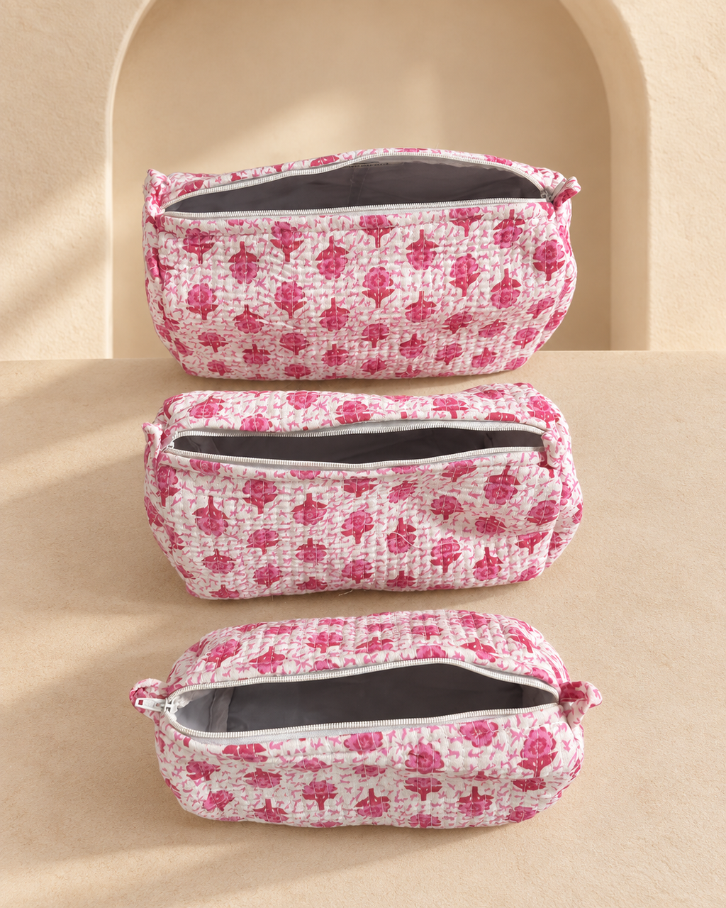 Juego de 3 Cosmetiqueras de Algodón · Rosa Floral