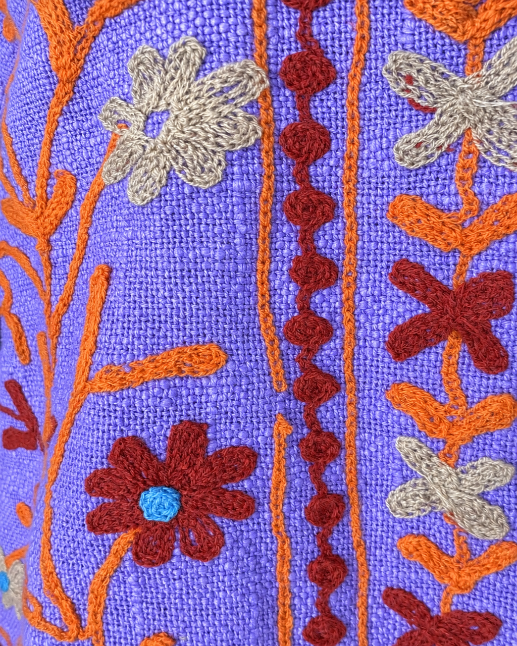 Detalle del tejido y bordado floral del blazer violeta de algodón.