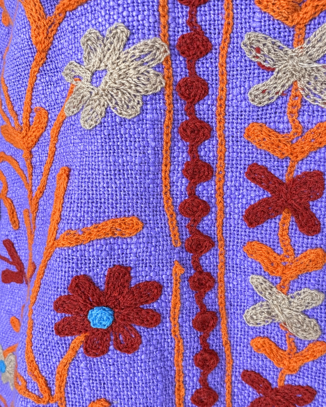 Detalle del tejido y bordado floral del blazer violeta de algodón.