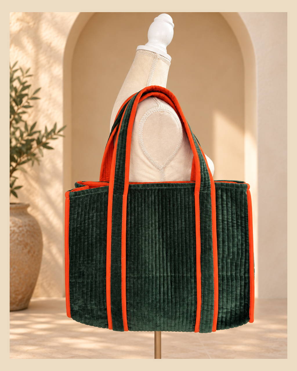 Mini tote de velvet verde con ribete naranja, vista principal – Sundarata