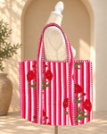 Tote de algodón rojo y rosa a rayas con estampado floral, vista principal – Sundarata